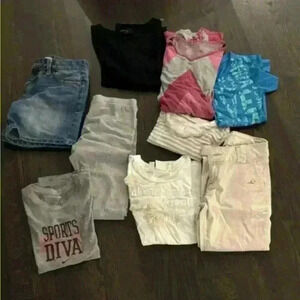 BUNDLE GIRLS SIZE 10 - 9 items: 2 pants, 1 shorts, 1 dress, 5 tops